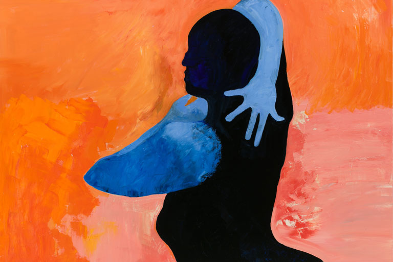 Painting of a black silhouette of a figure in profile, facing left, with a light blue arm wrapped around the back of the head and a light blue hand with outstretched fingers resting near the shoulder.