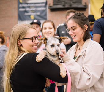 Students petting a dog and socializing during a campus community event