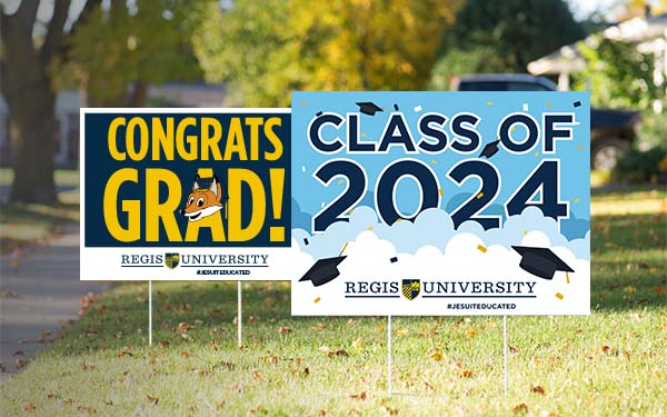 yard signs in grass read Congrats Grad and Congratulations class of 2024