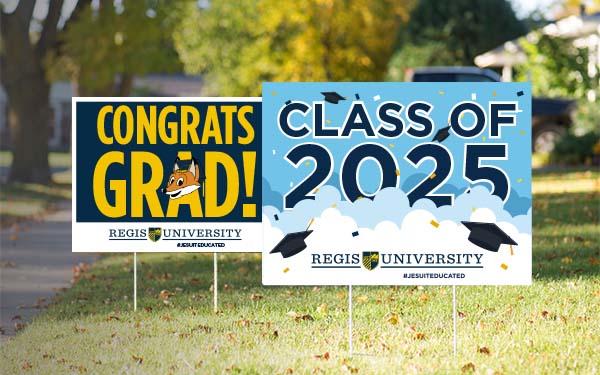 yard signs in grass read Congrats Grad and Congratulations class of 2024