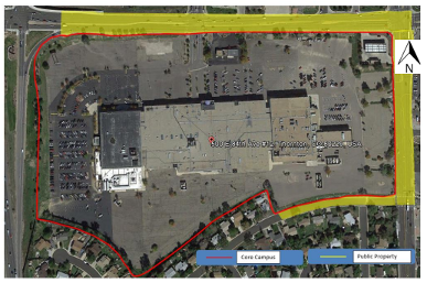 Map of the Thornton Campus with boundaries highlighted at 84th Ave. to the north, Washington St. to the east, 83rd Dr. and Grant Way to the south, and 1-25 to the east 