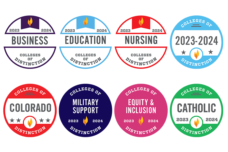 2023-2024 College of Distinction Badges for  Business, Education, Nursing, Military Support, Equity and Inclusion, and Catholic Colleges of Distinction