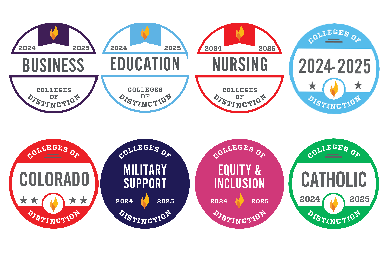 2023-2024 College of Distinction Badges for  Business, Education, Nursing, Military Support, Equity and Inclusion, and Catholic Colleges of Distinction