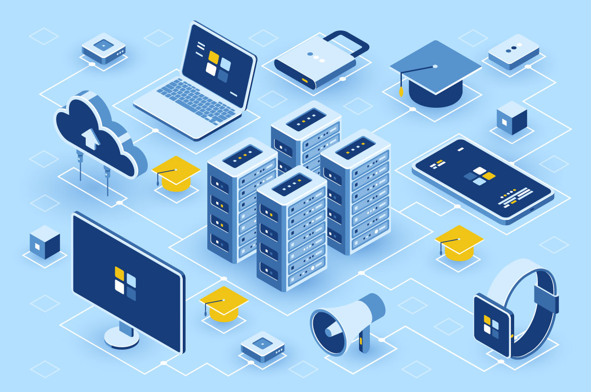 illustration of connected cyber network featuring computer and education elements; representing aspects of cybersecurity career