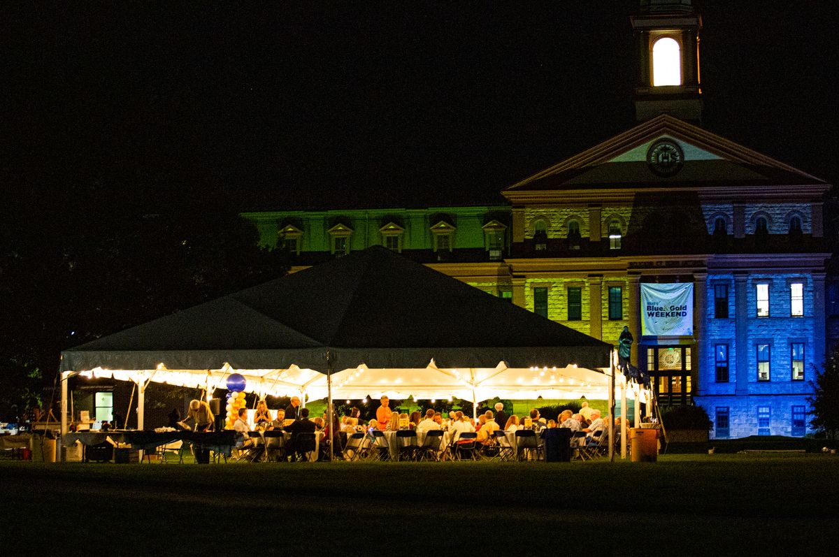 Main Hall at night during Blue and Gold Weekend