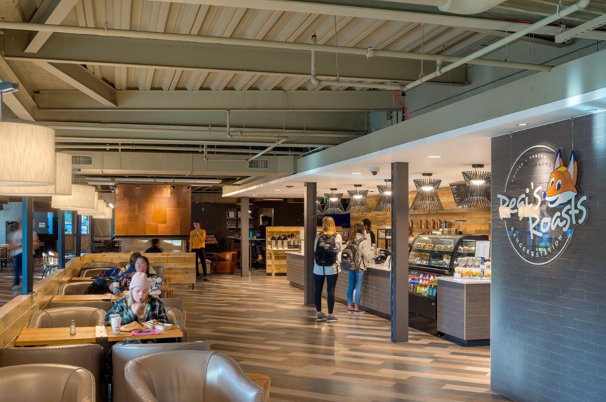 students drinking coffee and ordering in student center