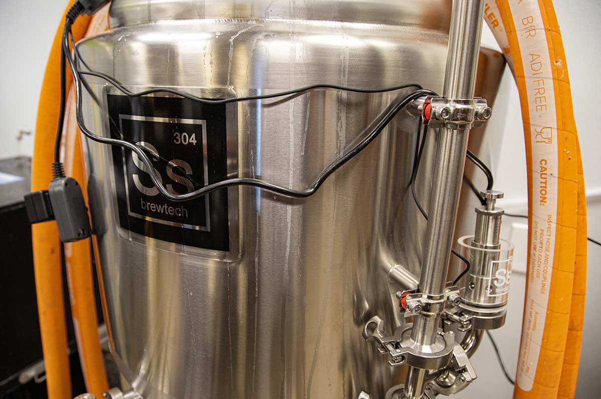 closeup of brewing equipment in the Craft Brew program's working on-campus brewery