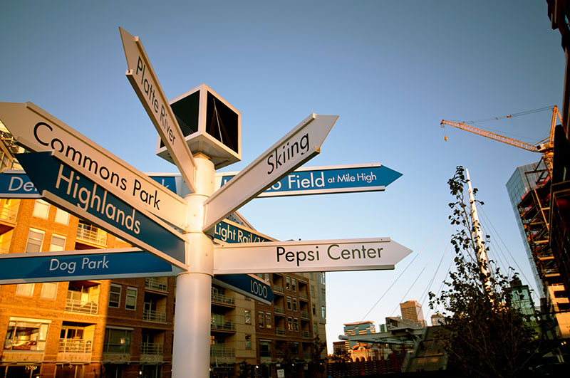 direction arrows near Denver's Union Station show proximity and activities near the state capital