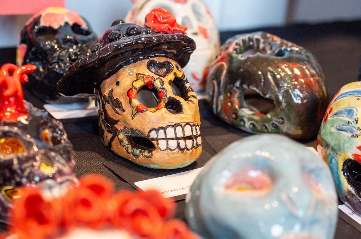 Ceramic calaveras on display for Dia de los Muertos