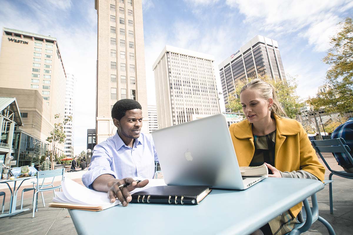 students work outside in downtown denver