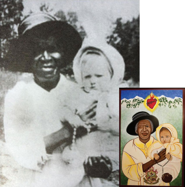 A black and white photo of Julia Greeley, wearing a large hat and holding an infant who is clutching a rosary, is shown beside the painting based on the photo that incorporates mountains in the background, Catholic iconography of a flaming heart and a tripart shield that readys “Angel of Charity” and depicts hands with stigmata, a fireman's lantern, axe and hat, and Greeley’s wagon full of scavenged items.