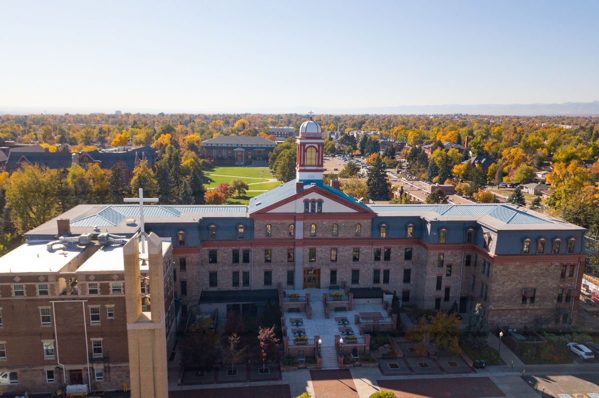 Aerial view of Main Hall on the Northwest Denver campus