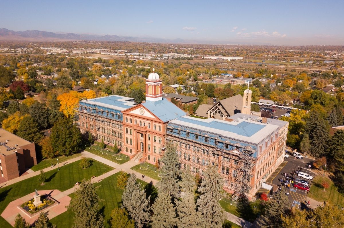 Birds eye view of Main Hall in the fall