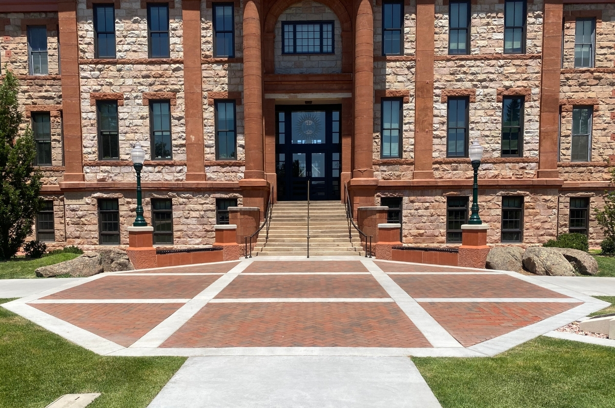 The new patio outside of the front of Main Hall on Regis campus