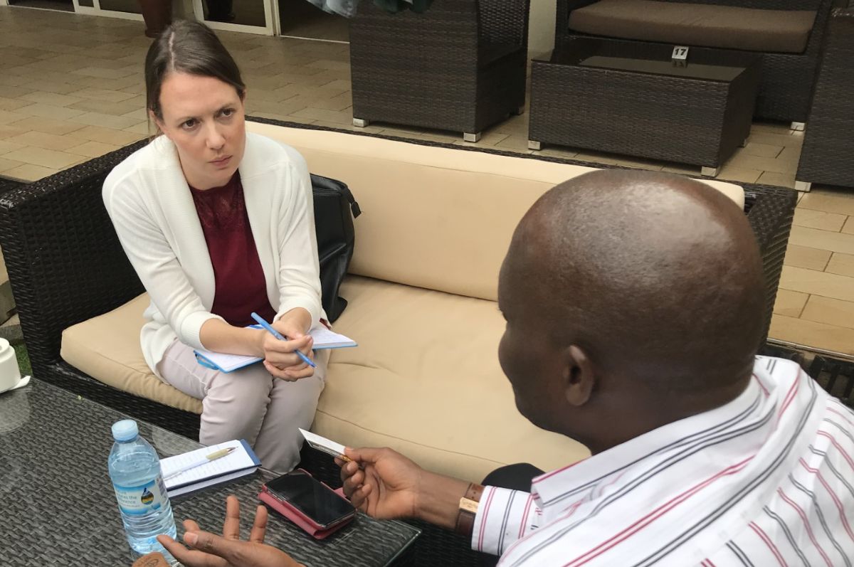 Doctor Megan Sobel Cohen interviewing another journalist from East Africa