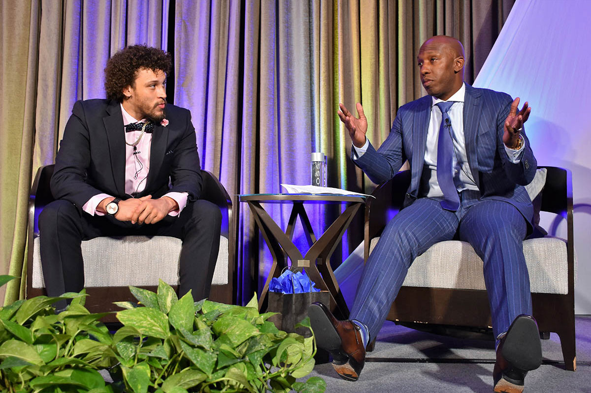 Chauncey Billups and Phillip Lindsay speak at the 2020 PBLA Gala