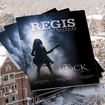 magazine cover featuring photo of young girl holding an electric guitar backlit and surrounded by smoke on a dark stage. Her silhouette is visible but very few details of her face, body or clothes can be seen. REGIS  UNIVERSITY MAGAZINE  VOLUME 31 ISSUE 2 | FALL/WINTER 2023  REGIS.EDU  LET THERE BE  ROCK  p.18  REGIS FOOTBALL  HERO GETS BUSTED  p.32  CONTINUING REGIS' SERVICE MISSION  p. 24  CARING FOR GOD'S GREEN EARTH  p.12