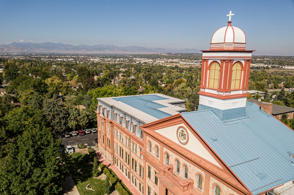 Regis Universitys Main Hall as seen from a drone camera