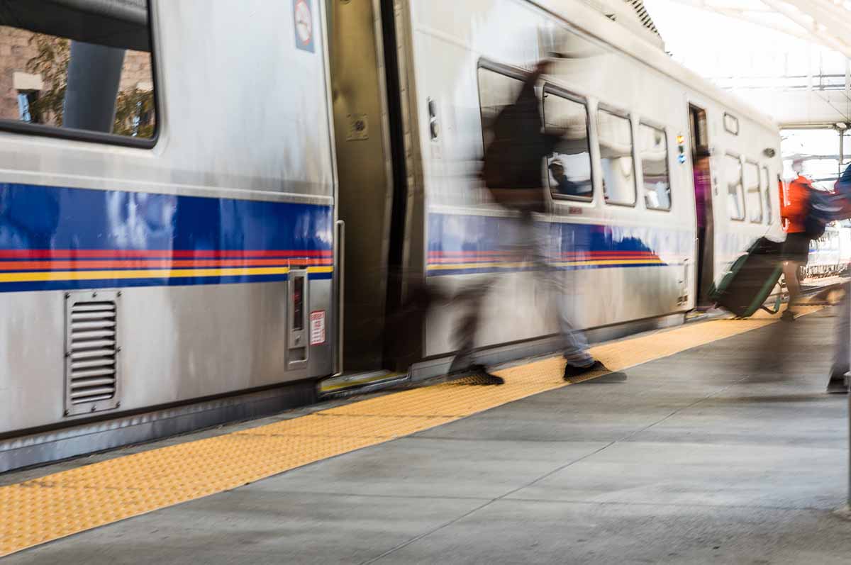 People exiting Denver public transportation