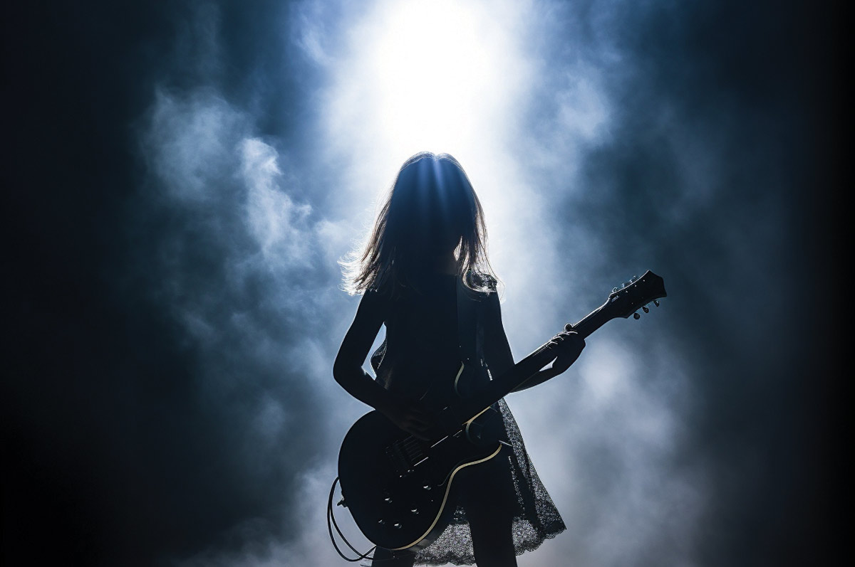 Silhouette of a person with long hair holding a guitar. Bright spotlight illuminates them from the back and smoke fills the image next to the rocker.