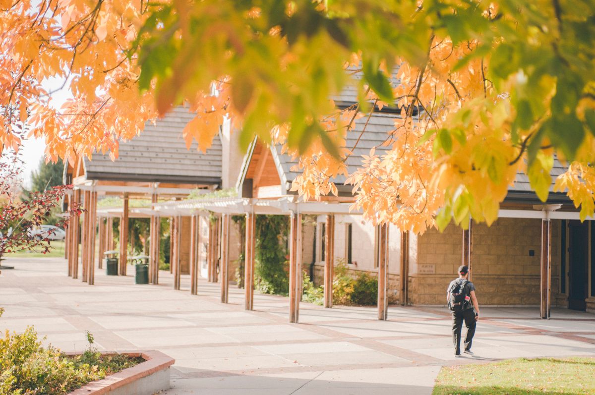 Outside of Regis University chapel in the fall